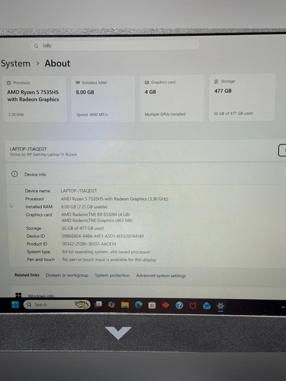 HP VICTUS 15-fb2063dx Gaming Laptop | Ryzen 5 7535HS – RX 6550M, 8GB RAM, 512GB